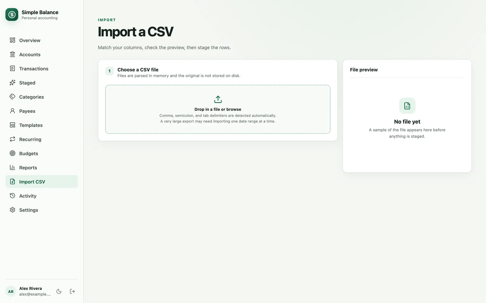 A bank CSV part-way through import: the columns it worked out, the rows it will stage, and three flagged as possible duplicates of entries already in the ledger.